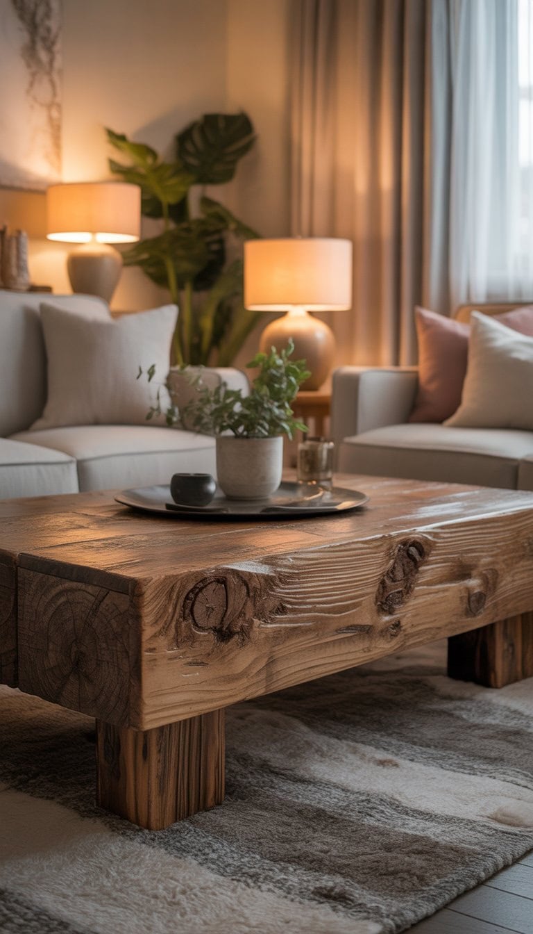 A living room with a wooden coffee table surrounded by comfortable seating and soft lighting.