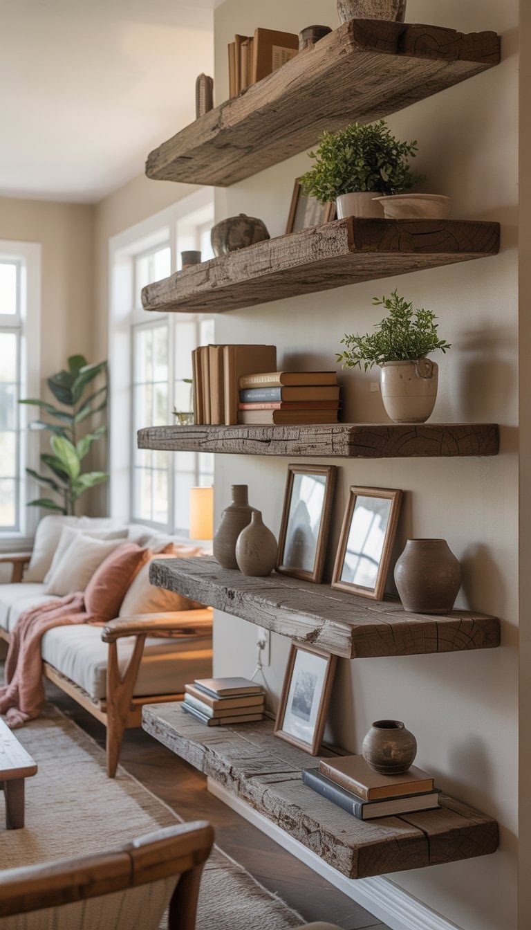 A cozy living room with floating wooden shelves displaying decor items, comfortable seating, and natural light coming through large windows.