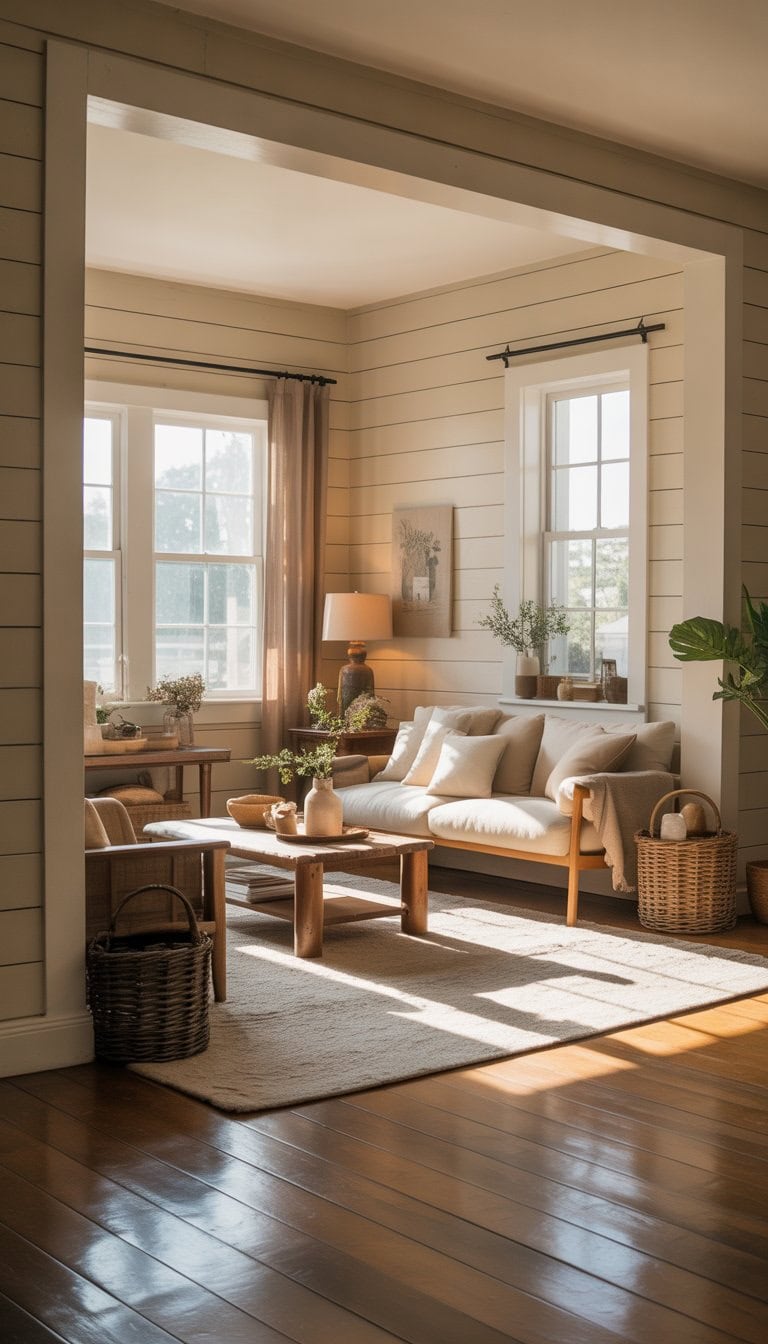 A cozy living room with white shiplap walls, a sofa, coffee table, and natural light coming through windows.