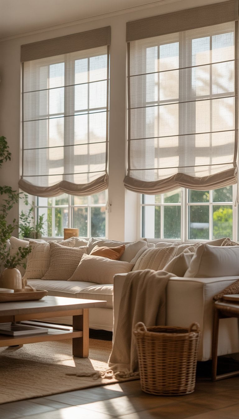 A bright living room with large windows covered by light linen Roman shades, comfortable seating, a wooden coffee table, and green plants.