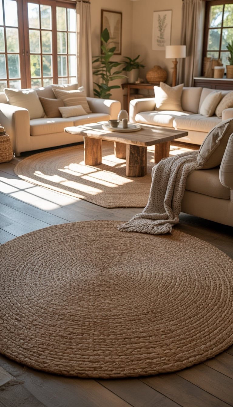 A living room with a large braided jute rug, sofa, armchairs, wooden coffee table, and natural light coming through windows.