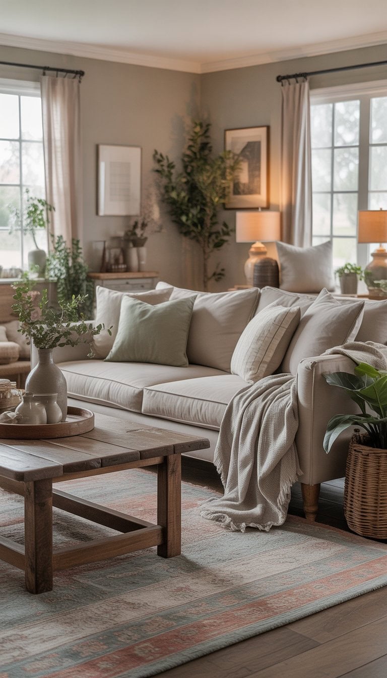 A cozy living room with a sofa, wooden coffee table, indoor plants, and soft natural light coming through large windows.