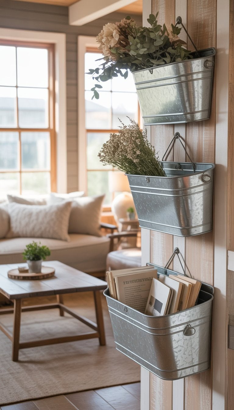 A cozy living room with galvanized metal wall baskets hanging on a wooden wall, filled with decorative and storage items, and comfortable seating nearby.