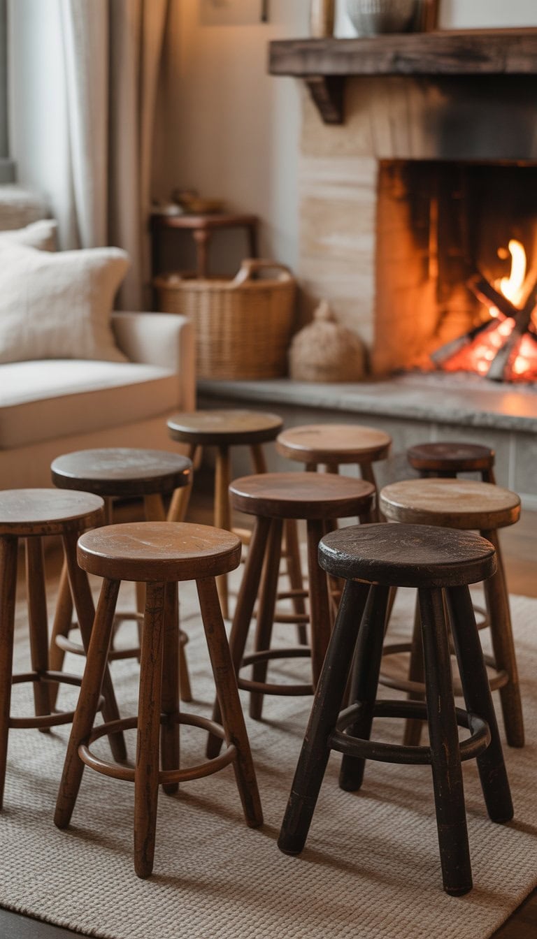 A living room with several different wooden stools arranged around a lit fireplace.