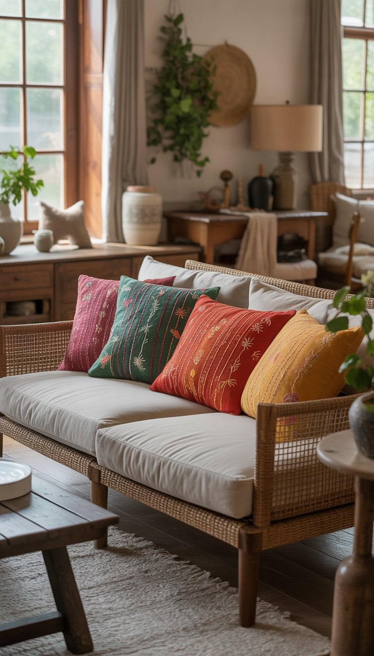 A cozy living room with a sofa decorated with colorful embroidered cushions, wooden furniture, and natural light.