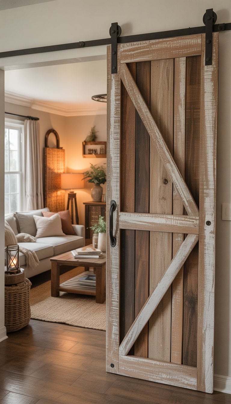 A living room with a sliding distressed wooden barn door partition, comfortable seating, and rustic decor.