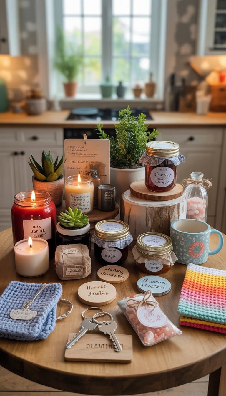 A kitchen table filled with various handmade housewarming gifts like candles, potted plants, wooden coasters, jars of jam, knitted cloths, and painted mugs in a cozy home setting.