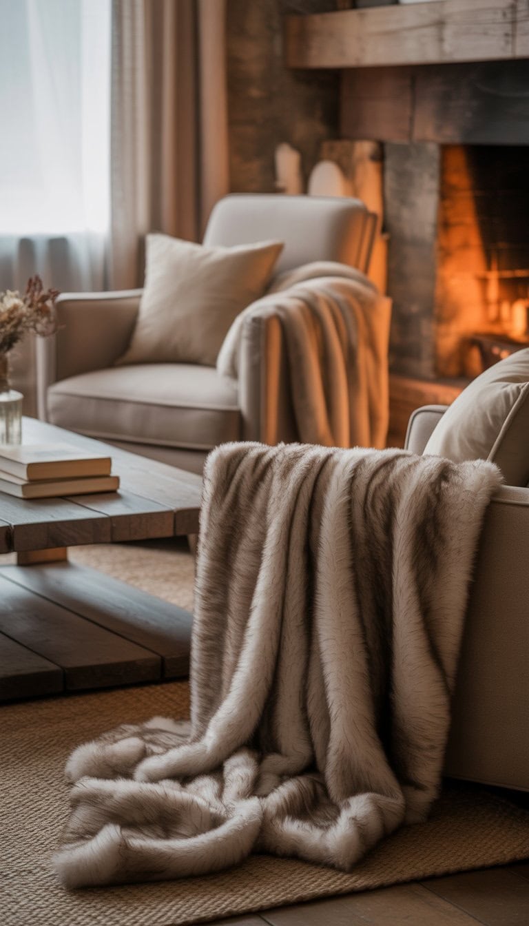A cozy living room with armchairs covered in soft faux fur throws near a fireplace and a wooden coffee table.