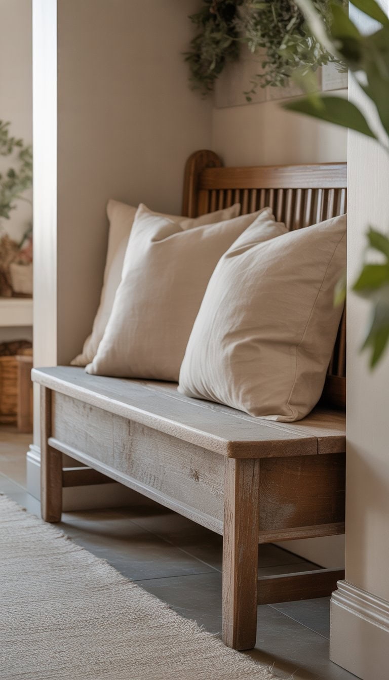 A wooden bench with linen pillows in a small entry nook with soft natural lighting.