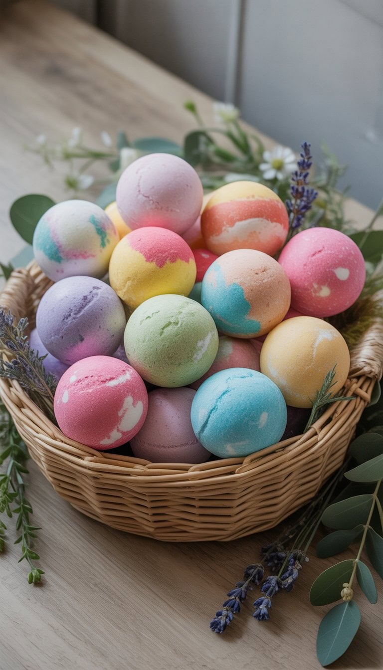 A basket filled with colorful artisanal bath bombs surrounded by small flowers and leaves on a wooden surface.