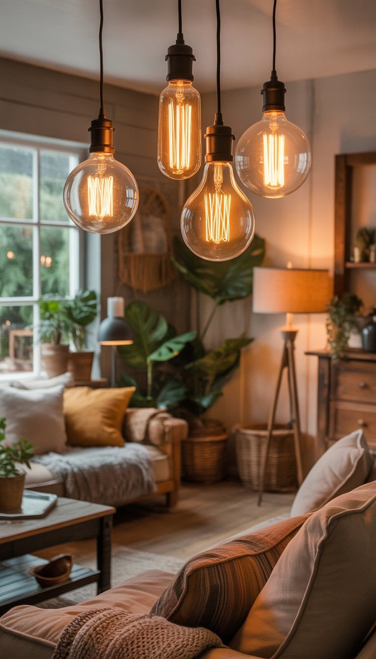 A cozy living room with warm pendant lights, comfortable seating, wooden furniture, and plants.