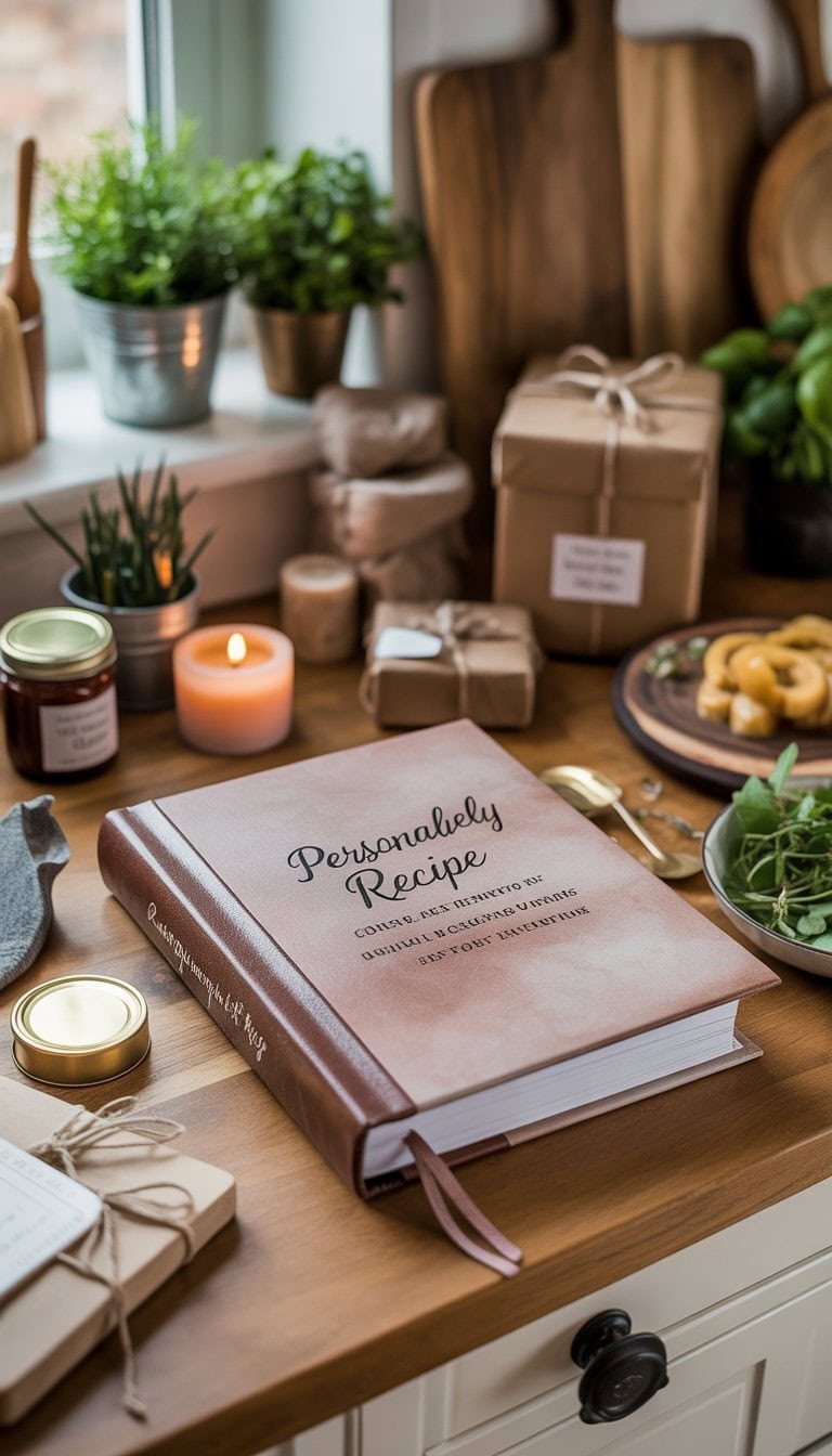 A personalized recipe book on a wooden kitchen countertop surrounded by DIY housewarming gifts like potted plants, candles, and jars.