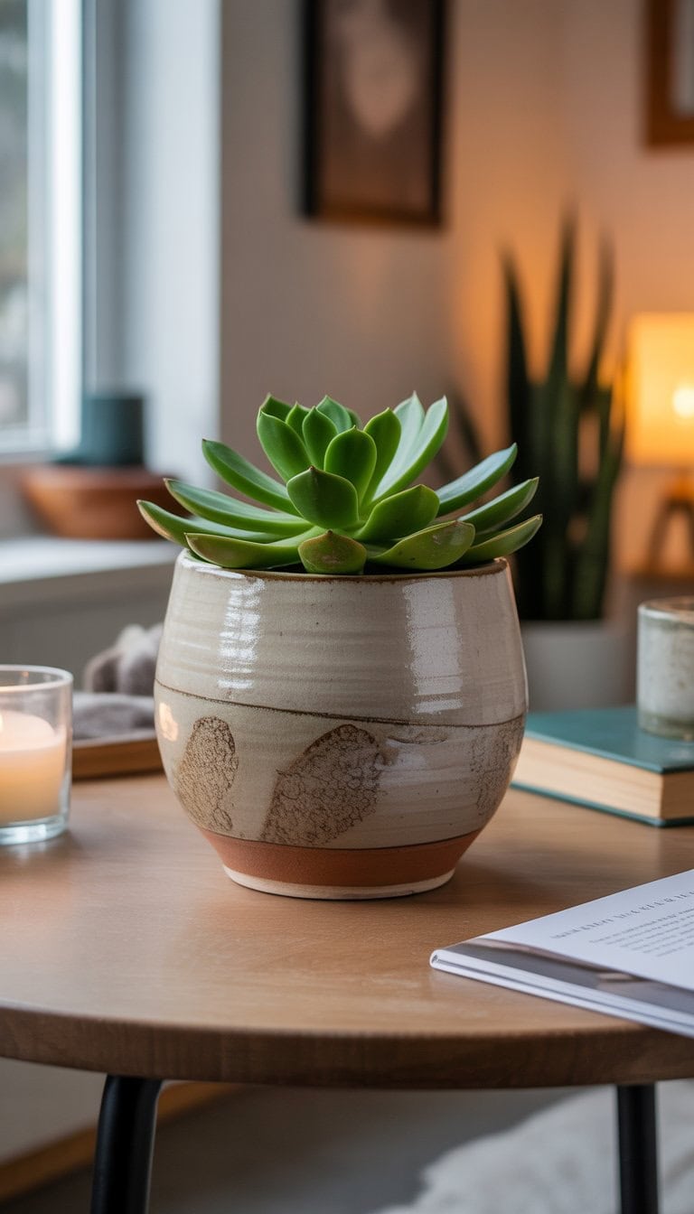 A handmade ceramic planter with a green succulent on a wooden table in a cozy home setting.