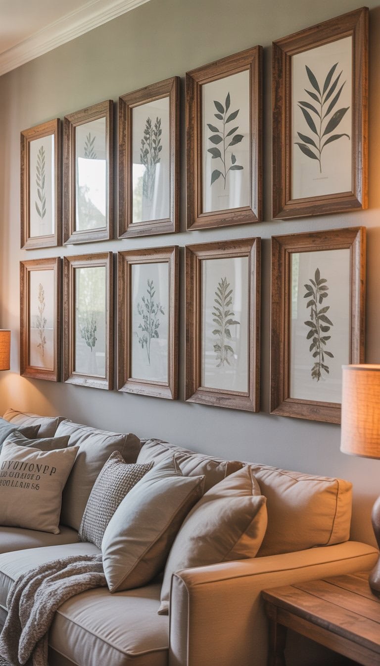 Living room wall with framed botanical prints in wooden frames above a cozy seating area.