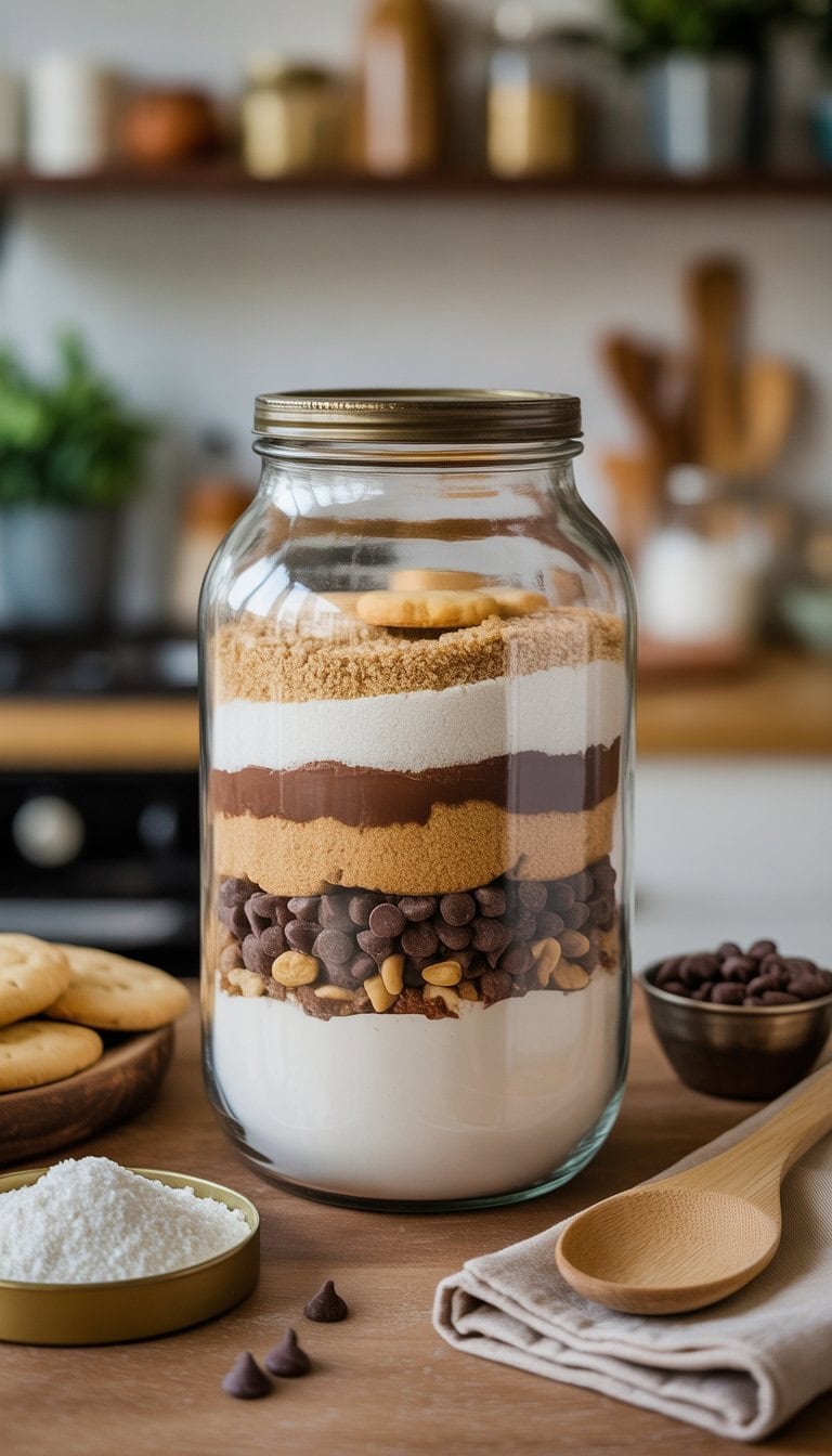 A glass jar filled with layered cookie mix ingredients sits on a wooden surface surrounded by kitchen items.