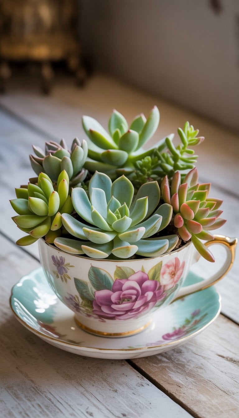 A succulent plant arrangement inside a vintage teacup sitting on a wooden surface.