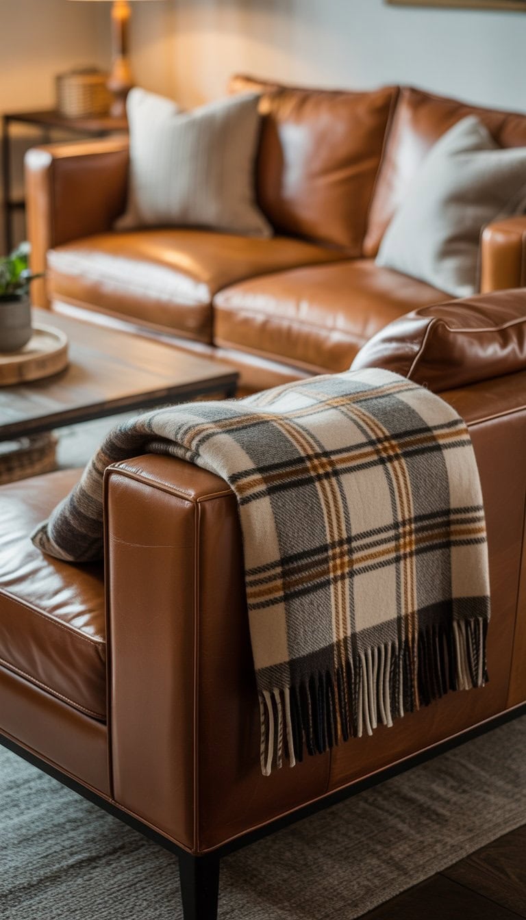 A leather sofa with a folded plaid wool blanket draped over the arm in a cozy living room setting.