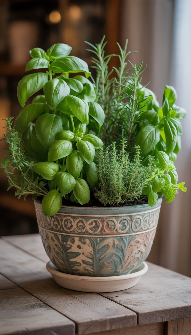 A decorative pot filled with fresh green herbs including basil, rosemary, thyme, and mint on a wooden table.