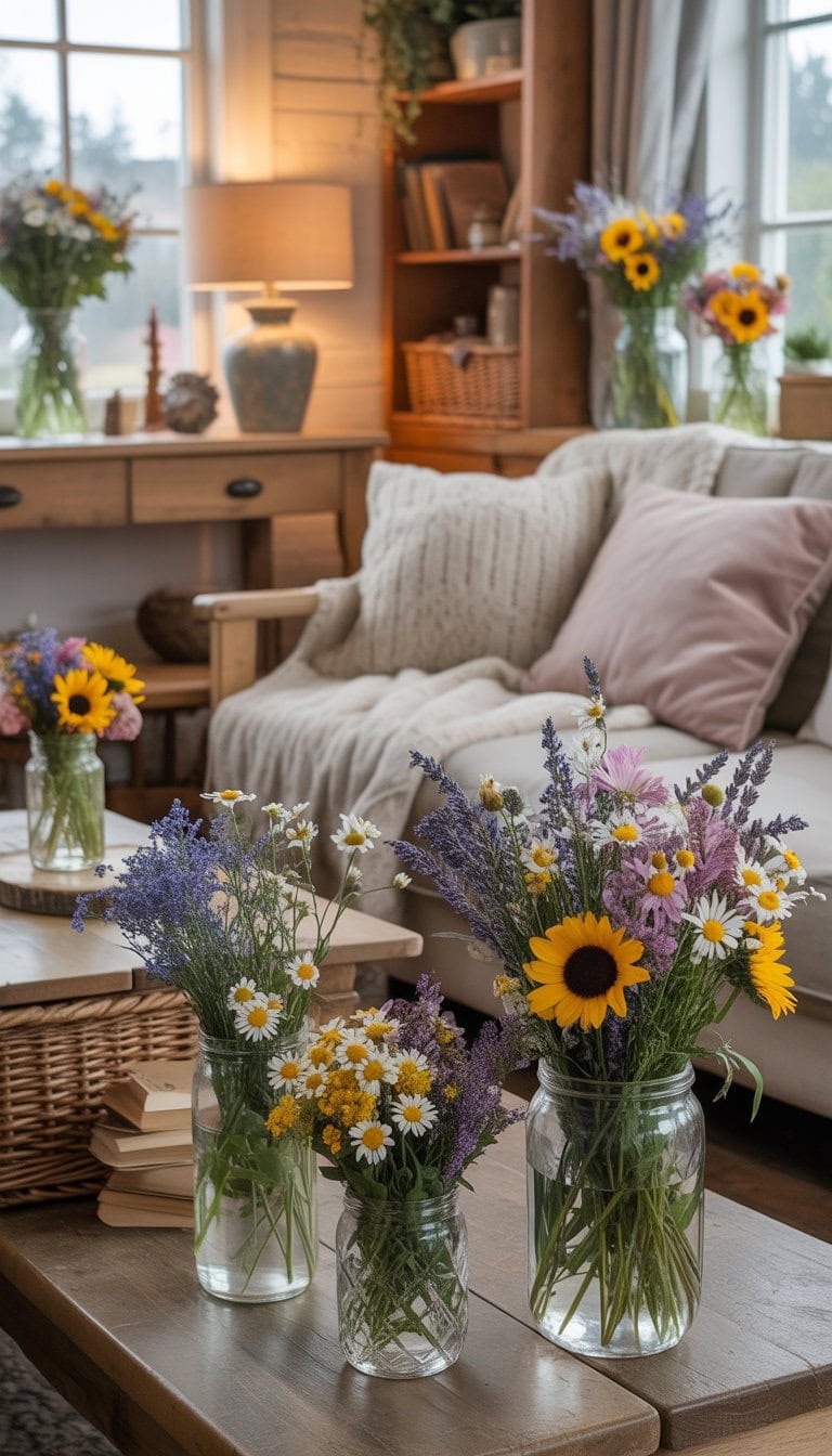 A living room with fresh-cut wildflowers in mason jars placed around the space, featuring wooden furniture and soft textiles.