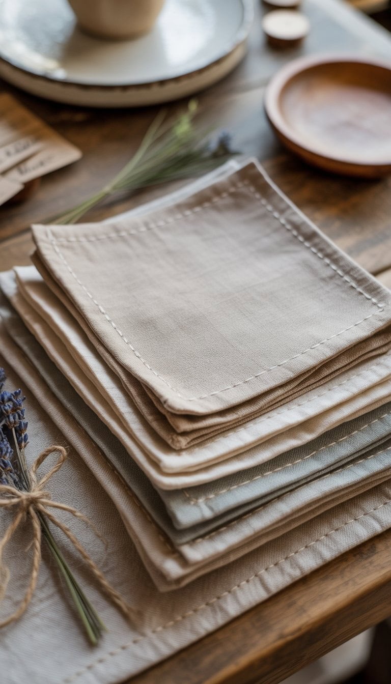 Stack of hand-stitched linen napkins arranged on a wooden table with small decorative elements nearby.