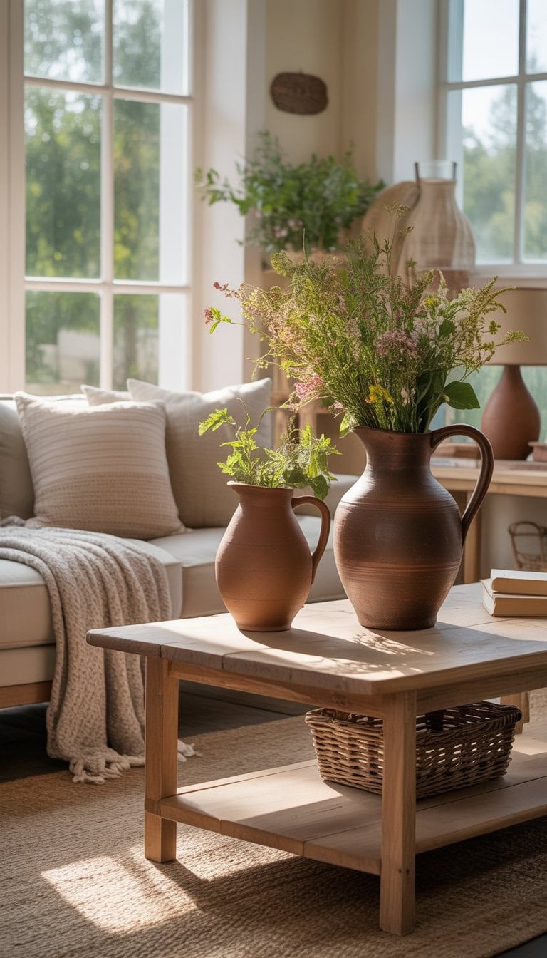 A cozy living room with rustic clay pitchers used as vases on a wooden table, surrounded by a sofa, pillows, and natural light.