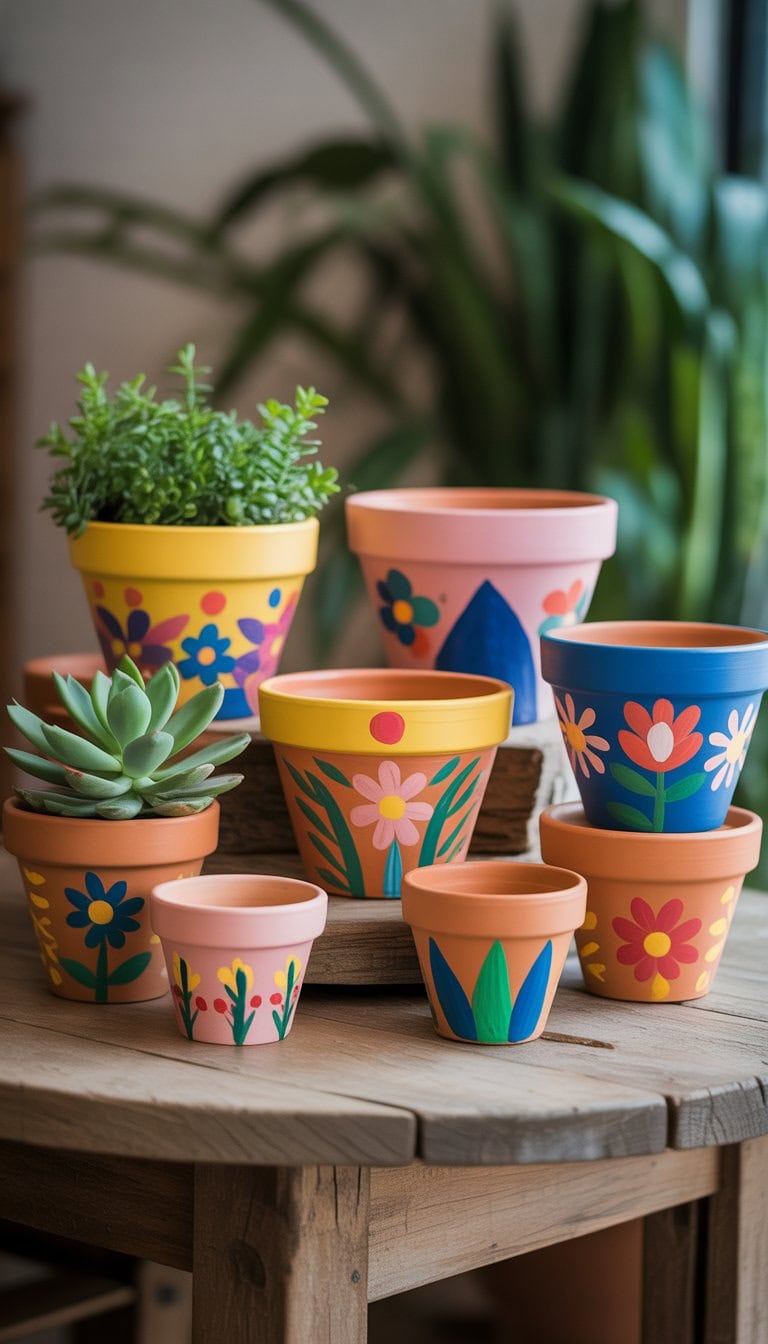 A collection of colorful hand-painted terracotta pots with small plants arranged on a wooden table.