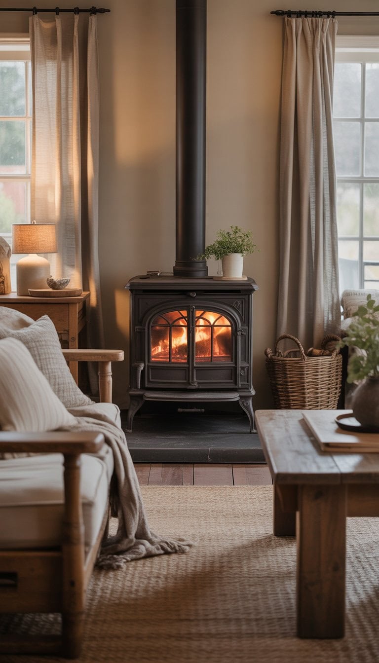 A cozy living room with a cast-iron wood-burning stove, comfortable seating, wooden furniture, and warm natural light.