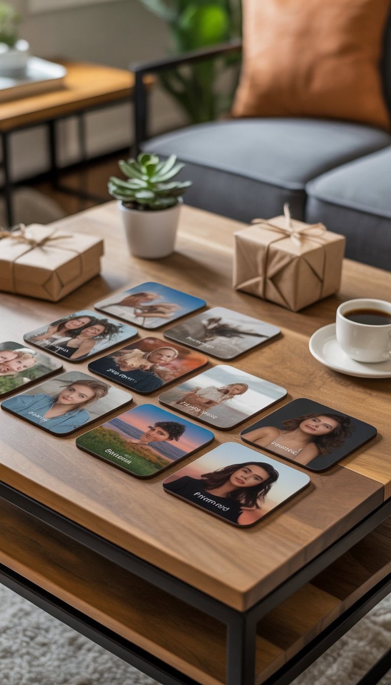 A set of custom photo coasters displayed on a wooden table with a plant, gift box, and coffee cup in a cozy living room.