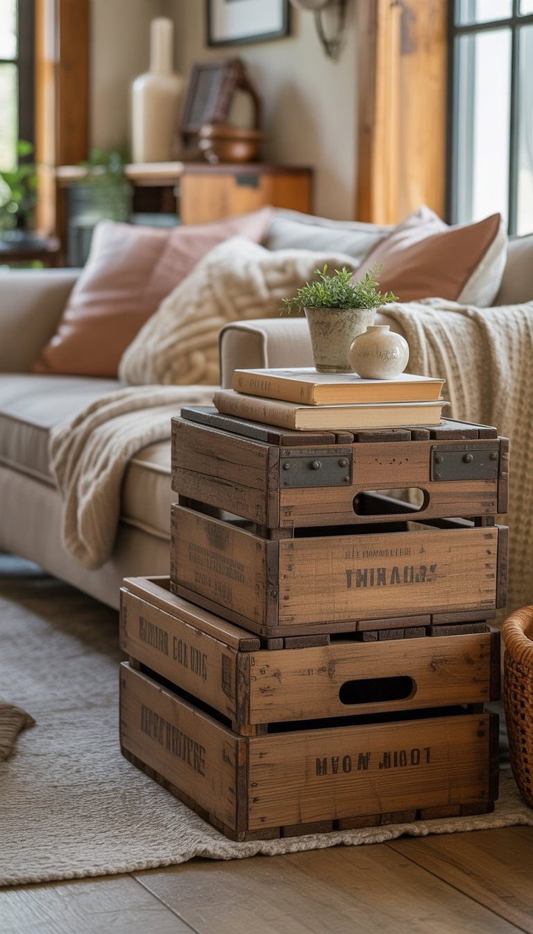 A cozy living room with stacked antique wooden crates used as side tables next to a sofa, decorated with plants and books.