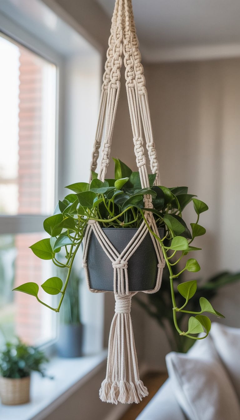 A macrame plant hanger holding a green potted plant hanging indoors near a window with natural light.
