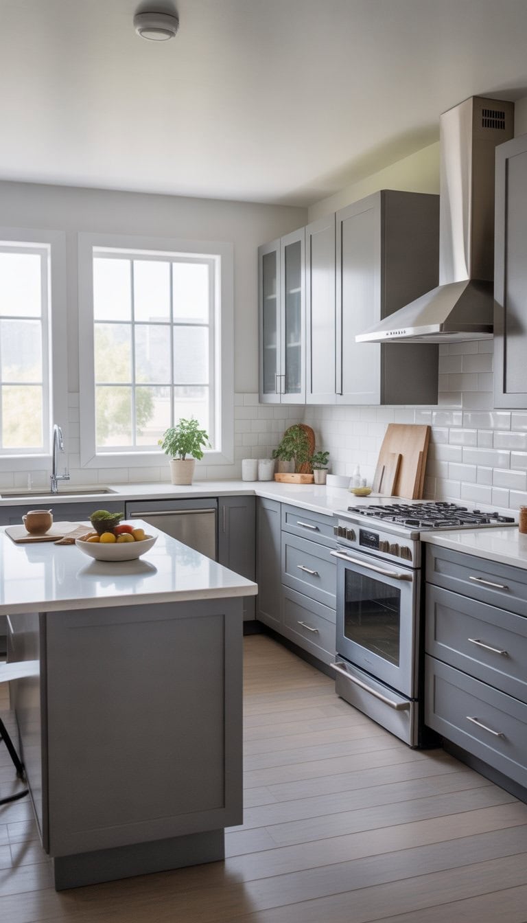 A modern kitchen with grey cabinets, white countertops, stainless steel appliances, and natural light coming through large windows.