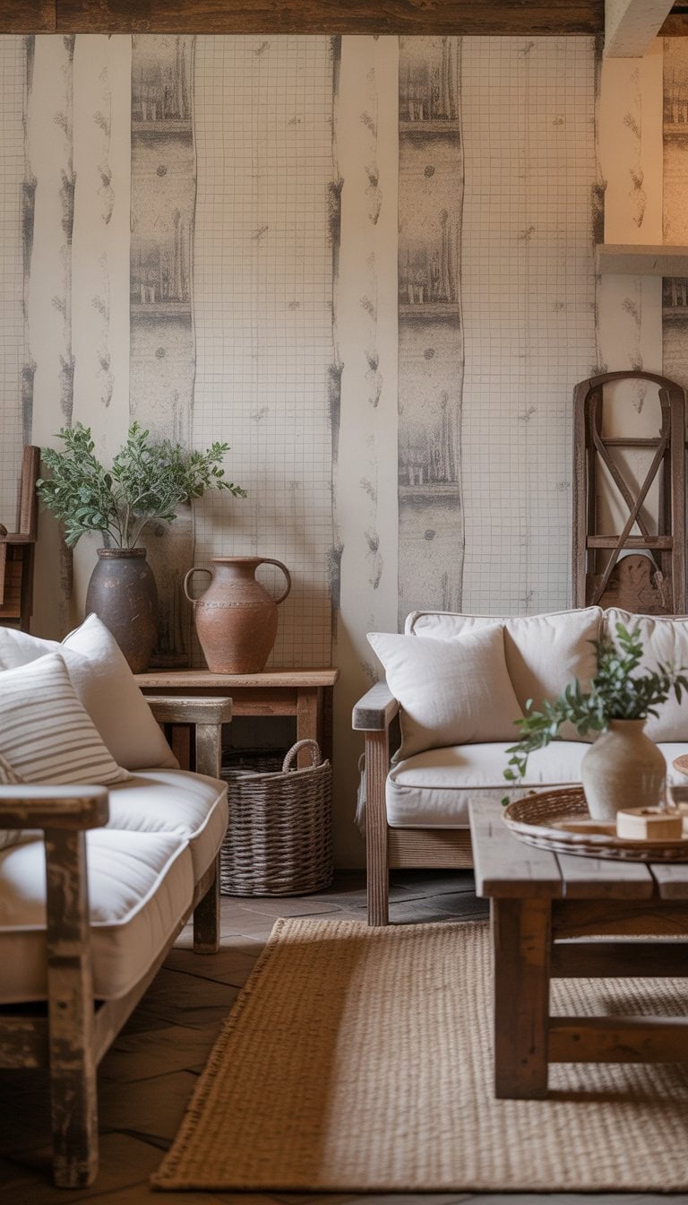 A cozy living room with textured patterned wallpaper, wooden furniture, and soft natural lighting.