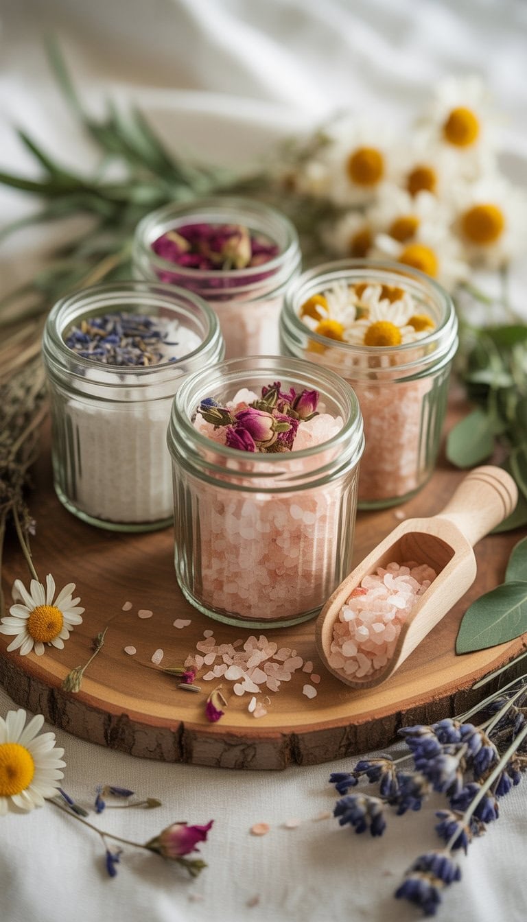 Glass jars filled with bath salts topped with dried flowers arranged on a wooden surface with scattered petals and a wooden scoop.