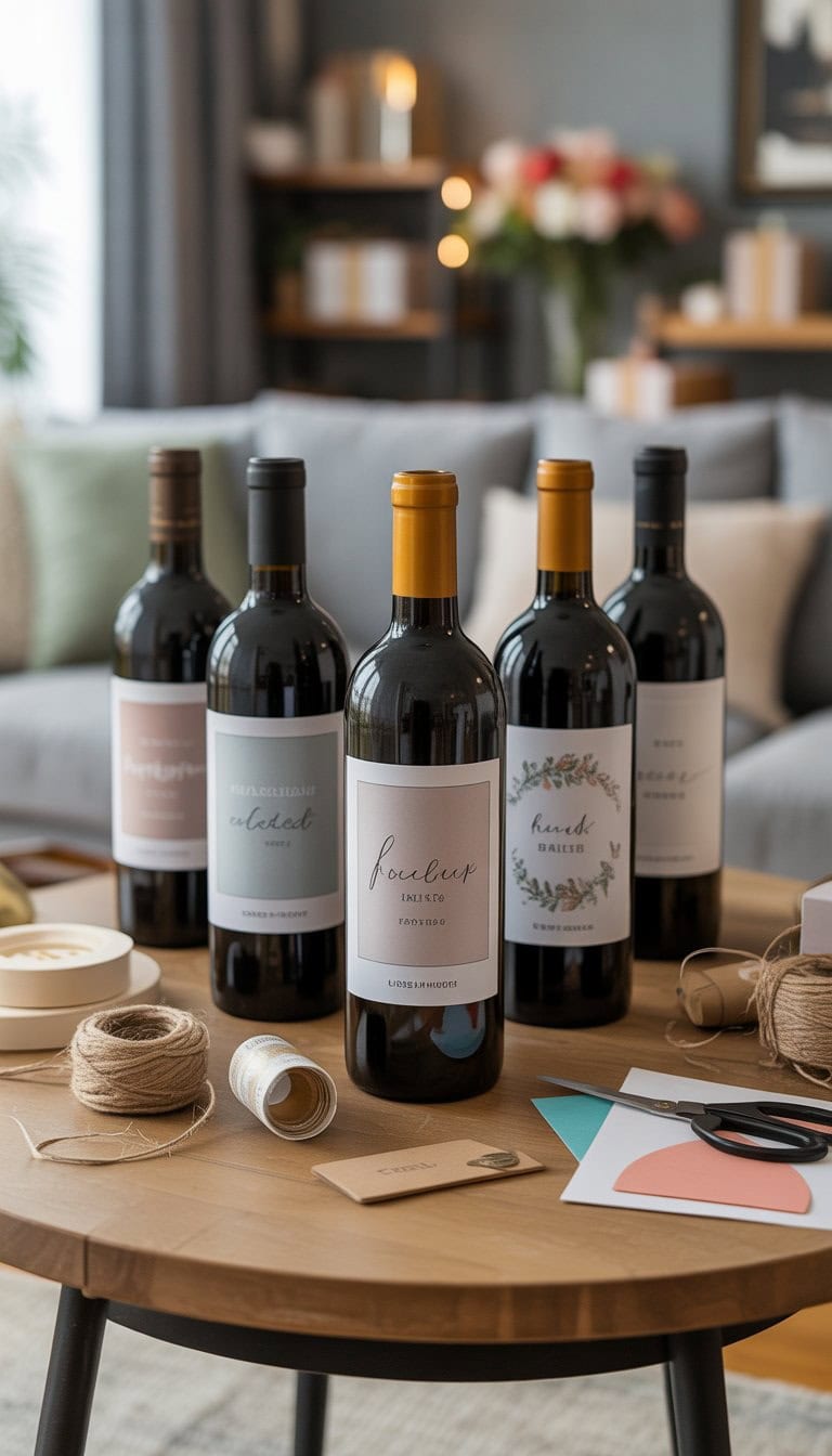 A wooden table with wine bottles featuring personalized labels surrounded by craft materials in a cozy home setting prepared for a housewarming celebration.