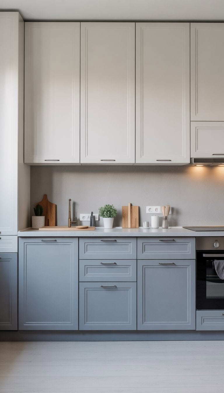 A modern kitchen with white upper cabinets and grey lower cabinets, a clean countertop, and natural light.