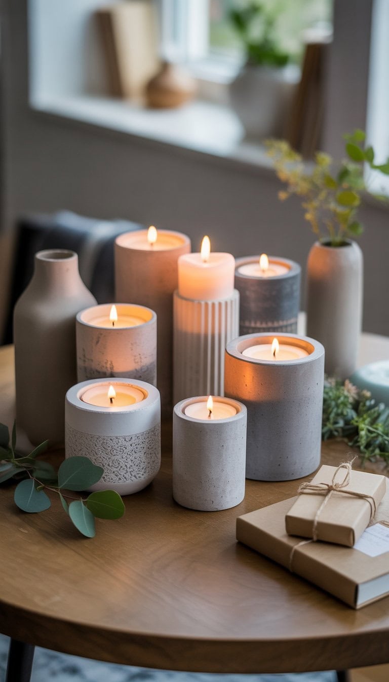 A collection of decorative concrete candle holders with lit candles arranged on a wooden table surrounded by greenery and small gift items.