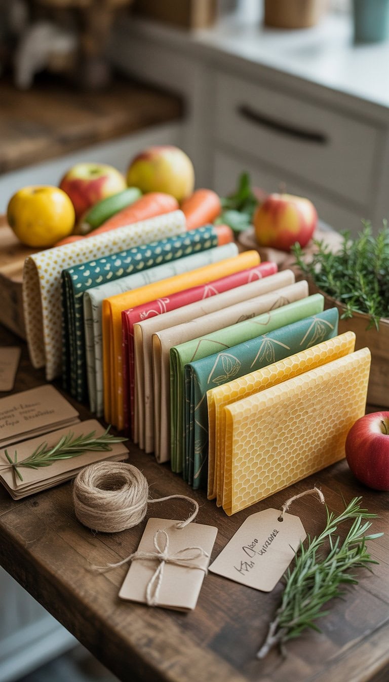 A collection of beeswax food wraps covering fresh fruits and vegetables on a wooden table with gift tags and herbs nearby.