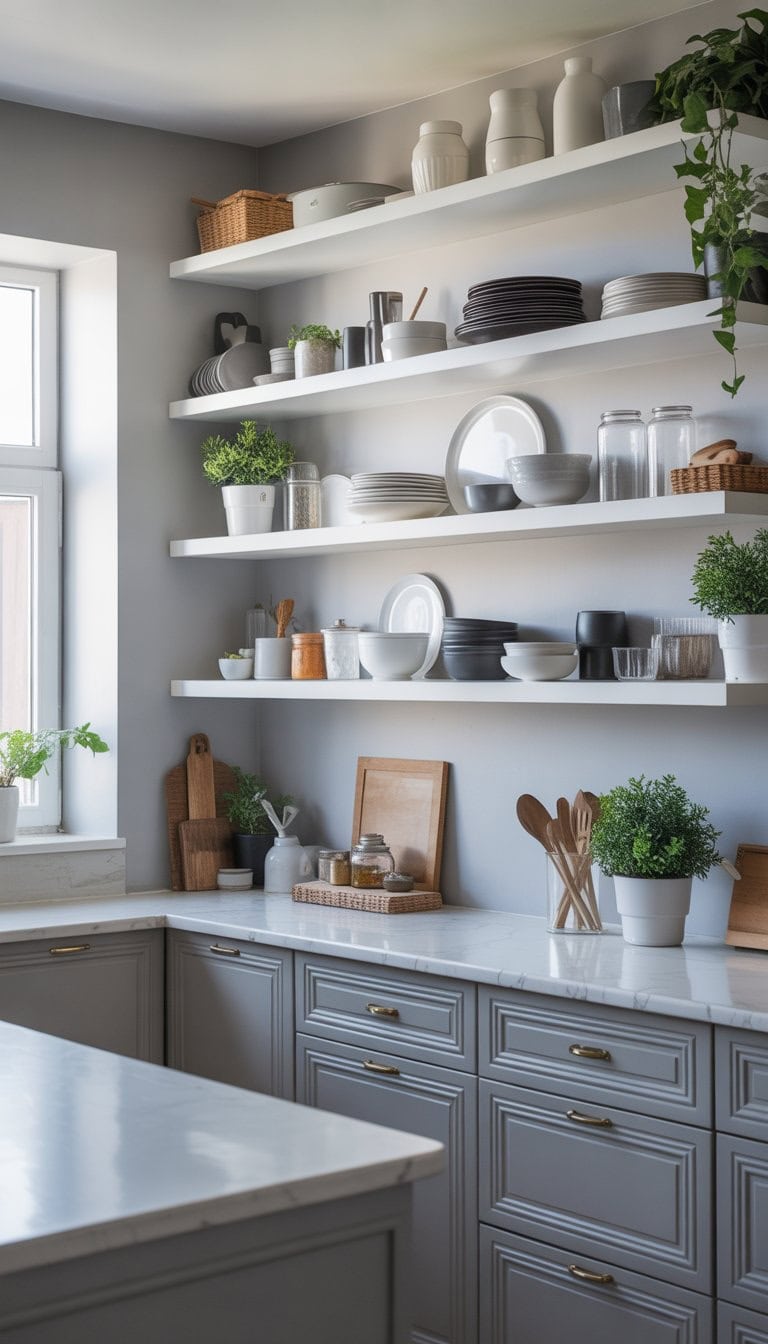 A modern kitchen with white open shelves displaying dishes and plants, grey countertops, and cabinetry.