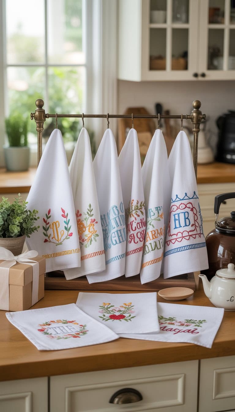 A kitchen countertop and rack displaying a variety of colorful embroidered tea towels with housewarming gift items nearby.