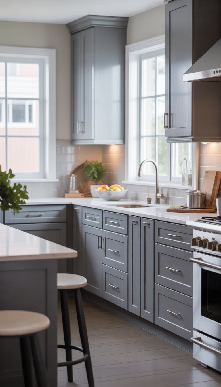 A bright kitchen with grey and white cabinets, silver hardware, and a spacious island with bar stools.