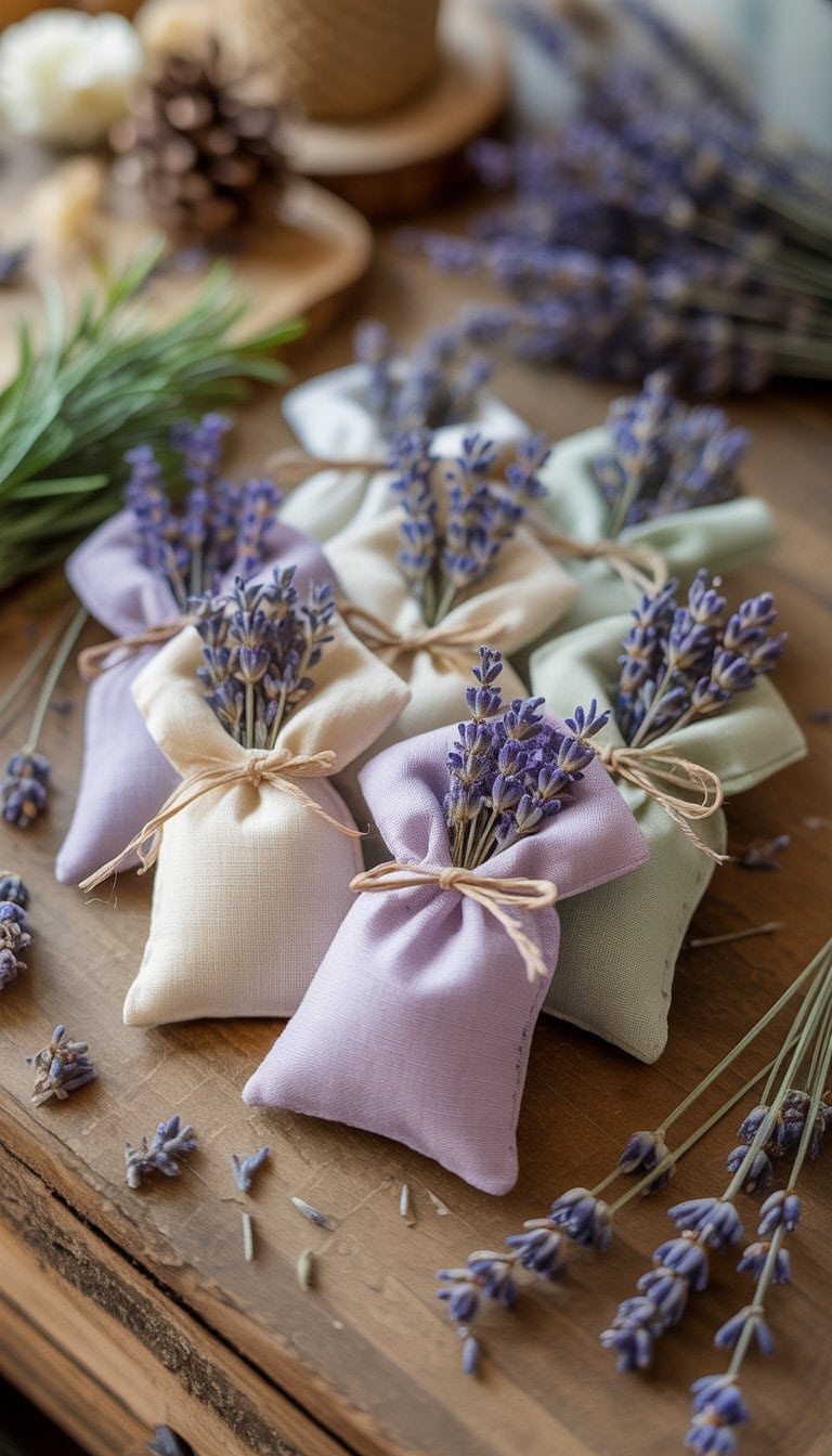 Several small fabric lavender sachets tied with ribbons arranged on a wooden surface with dried and fresh lavender flowers around them.