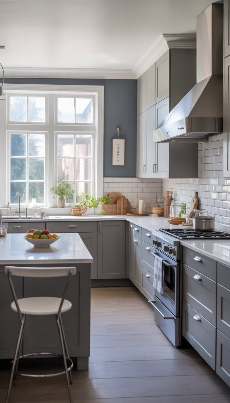A bright kitchen with grey walls, white trim, grey cabinets, white countertops, and stainless steel appliances.