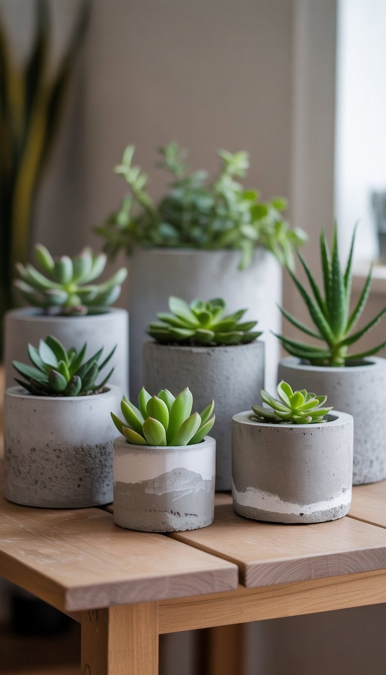 A group of concrete planters with green plants arranged on a wooden table.