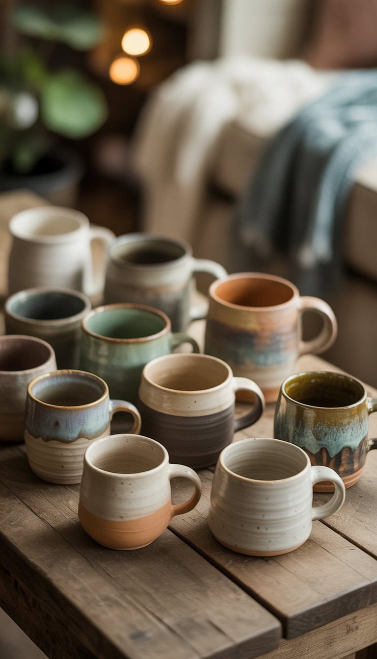 A collection of handmade pottery mugs displayed on a wooden table with a cozy home background.