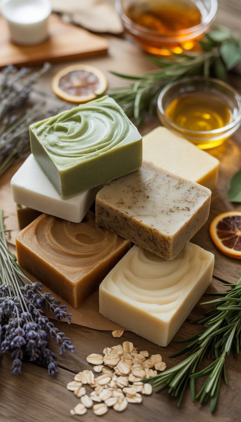 Several handmade soap bars with natural ingredients arranged on a wooden surface surrounded by herbs, dried citrus, and small bowls of honey and oils.