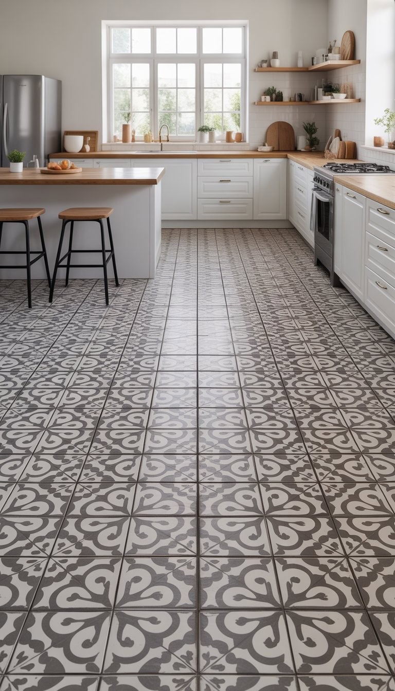 A bright kitchen with grey and white patterned floor tiles, white cabinets, a wooden island, and stainless steel appliances.
