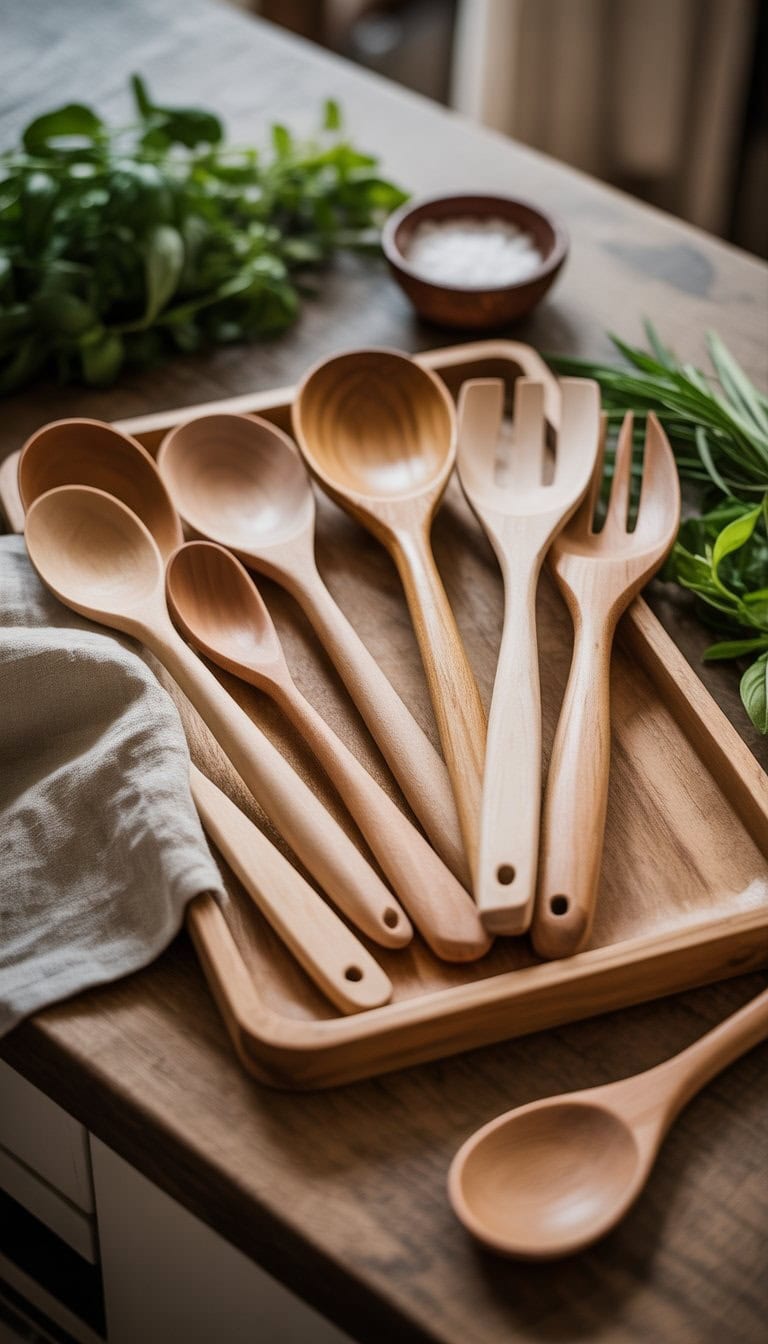 A wooden spoon and utensil set arranged on a kitchen countertop with herbs and a linen towel.