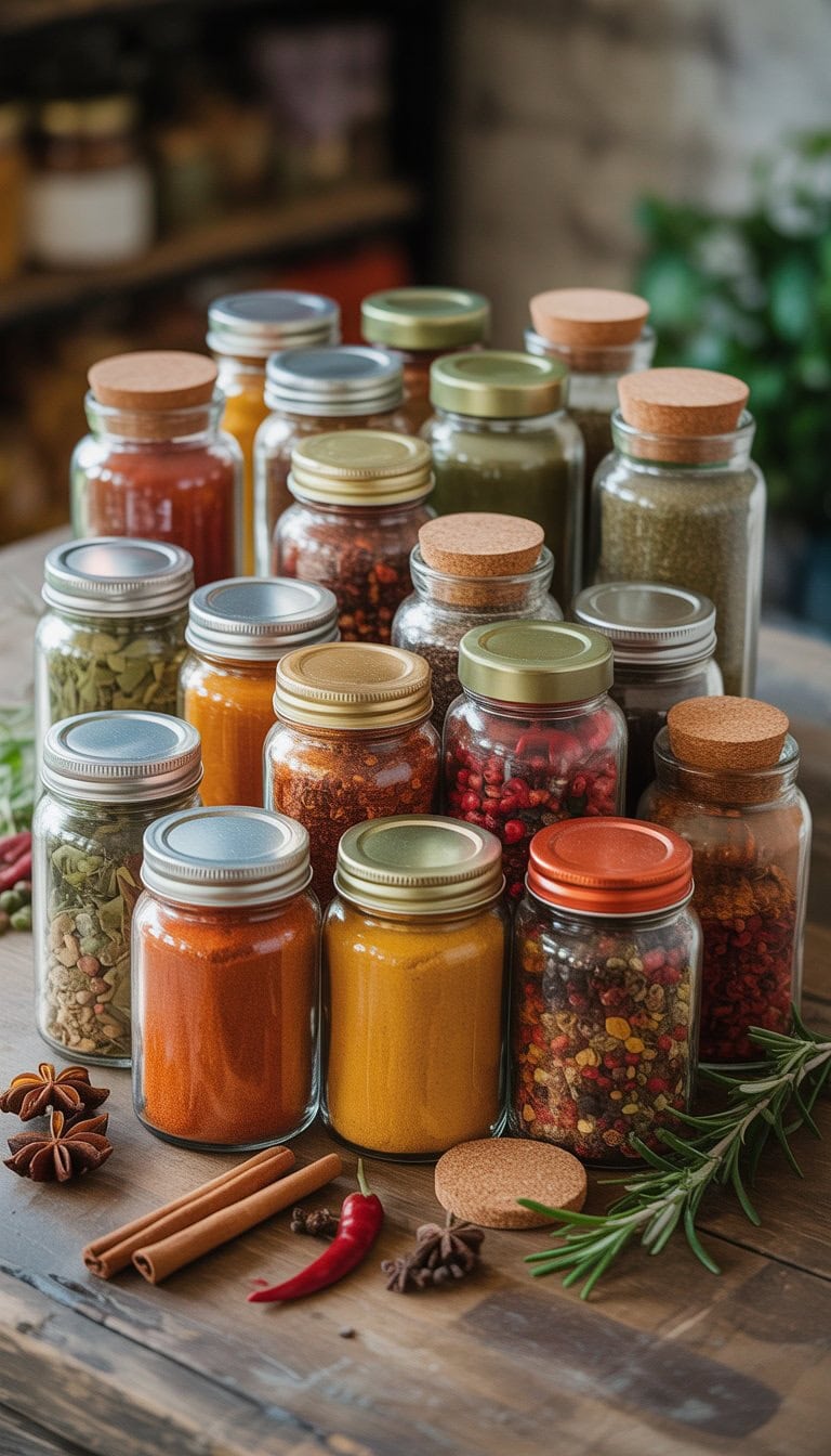 A collection of vintage glass jars filled with various colorful spice blends arranged on a wooden table with herbs and spices scattered around.