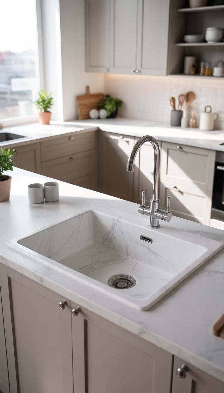 A kitchen countertop with a white marble sink featuring grey veining, surrounded by grey and white cabinets and kitchen accessories.
