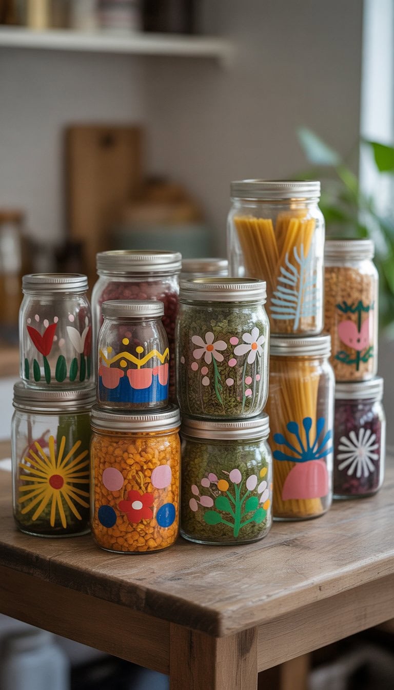 A group of hand-painted glass storage jars with colorful designs displayed on a wooden table.